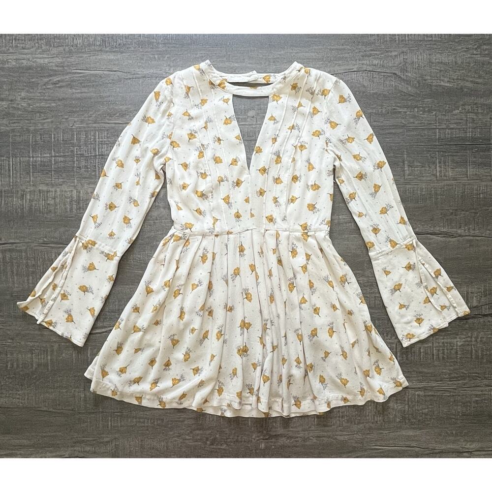 Free People Womens Tegan Long Bell Sleeve Floral Printed Boho Mini Dress Size 2 - Picture 2 of 13